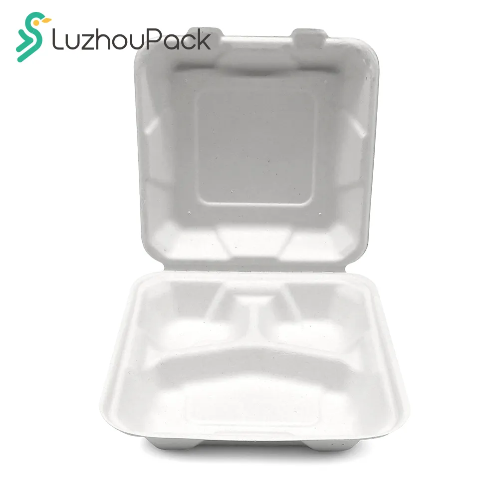 900Ml 8 "3 Compartiment Vetvrij Biologisch Afbreekbaar Bagasse Wegwerp Te Gaan Hot Voedsel Ontbijt Lunch Dozen Restaurant Custom