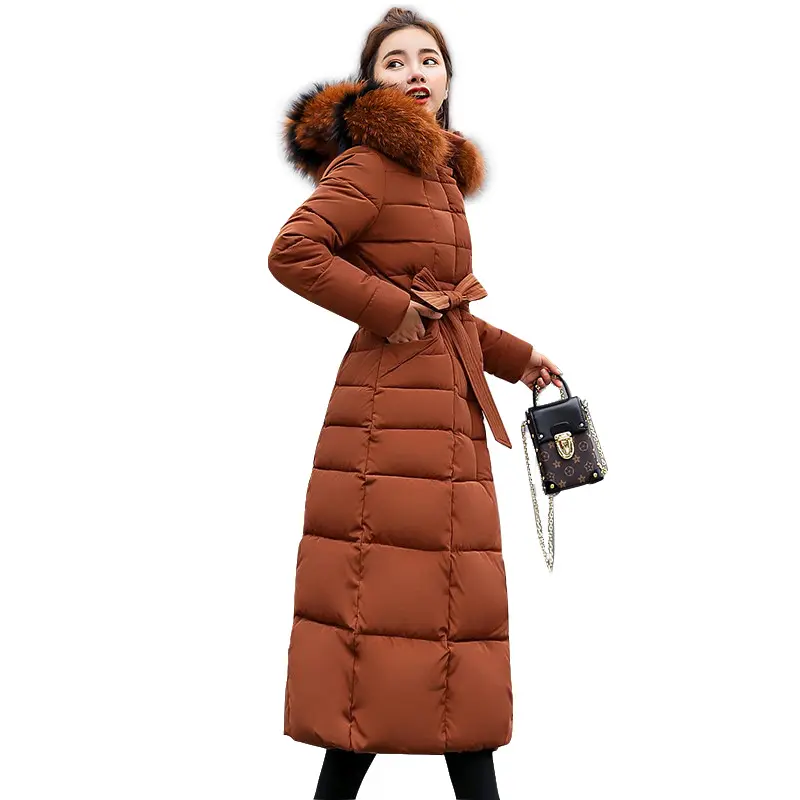 Women'S Plaid Long Clothing Fur Feather Hood Down Jacket Winter Coat Turkse Lange Jassen