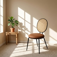 Chaise de salle à manger personnalisable, style nordique rustique, avec cadre noir, dossier en rotin et revêtement en similicuir, coussin marron, dossier ovale, pour parc, salle de sport, café