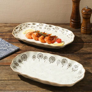 <span class=keywords><strong>Assiette</strong></span> ovale en céramique à motif de <span class=keywords><strong>pissenlit</strong></span> et de poissons dessinés à la main, style rétro, pour le service quotidien à la maison et la mise en scène de table décontractée champêtre - Product Image 2