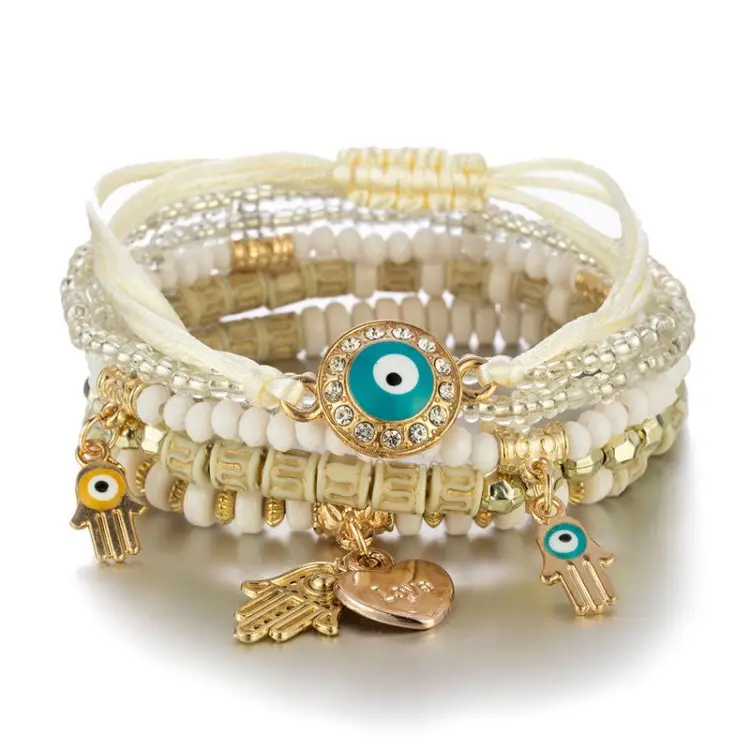 Fashion Boho Jewelry Stackable Multilayer Bracelet Evil Eyes Hand Of Fatima Charms Beaded Bracelets Sets