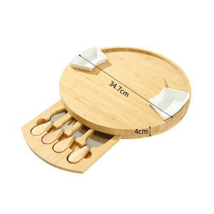 Plateau à fromage rond en <span class=keywords><strong>bambou</strong></span> avec 4 couteaux, plateau à gâteaux, à collations et à charcuterie avec un seul tiroir - Product Image 4