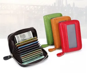 Dompet kulit asli pemblokir RFID, dompet lipat dua, dompet kulit asli dengan tempat kartu dan lipat