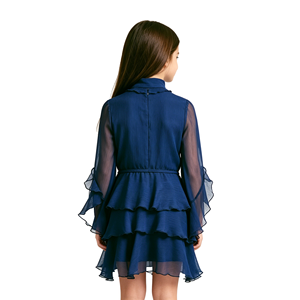 Robe en mousseline marine assortie pour sœurs, certifiée OEM A&J, col montant, manches transparentes, triple volant, cordon de serrage, REACH AZO 2026 - Product Image 2
