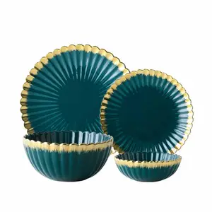 nordique vert jante de vaisselle Suppliers-Service de table en porcelaine de style nordique, chrysanthème dorée, vert, vaisselle de luxe