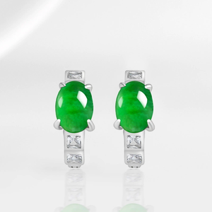 Natural genuine jade green egg-shaped ear <b>studs</b> in icy-grade stone. <b>Set</b> with S925 <b>silver</b>. Fashionable ladies' <b>earrings</b> - Product Image 2