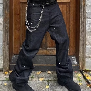 Pantalones Cargo de Mezclilla Vintage para Hombre, Corte Recto Ligeramente Acampanado, Holgados, Lavado Medio, Color Sólido, Cintura Media, Estilo Urbano - Product Image 1