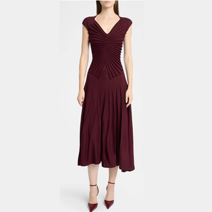 <span class=keywords><strong>Abito</strong></span> Midi da Donna <span class=keywords><strong>Bordeaux</strong></span> con Scollo a V e Maniche a Cappuccio, Gonna Svasata a Pieghe Radiali con Vita Aderente, Elegante <span class=keywords><strong>Abito</strong></span> <span class=keywords><strong>in</strong></span> <span class=keywords><strong>Maglia</strong></span> per Cocktail e Matrimoni - Product Image 1