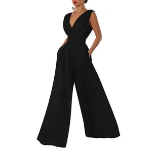 Ärmelloser Jumpsuit V-Ausschnitt elegant für Damenkleid lässig 2024 Einteiliges Strampelanzug Outfits