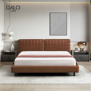 Tête de lit vintage classique rouge brique à carreaux en cuir de vachette tête de lit mobilier de chambre à coucher cadre de lit grand cadre en bois massif ensemble de lit double