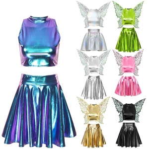 <b>Womens</b> <b>Fairy</b> <b>Costumes</b> Metallic Crop Top Mini Skirt Set Iridescent Wings Rave Festival Stage Performance Party Wear Custom - Product Image 1