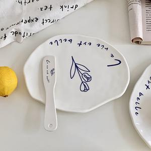 Plato de Cerámica Irregular con Diseño de Tulipanes y Letras, Estilo Coreano Creativo, para Postres, Pasteles y <span class=keywords><strong>Mantequilla</strong></span> - Product Image 6