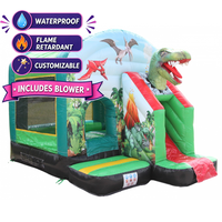 Château gonflable en PVC avec zone de jeu, toboggan et piscine, thème dinosaures, dauphins et jungle, avec petits blocs de construction en forme de dessins animés
