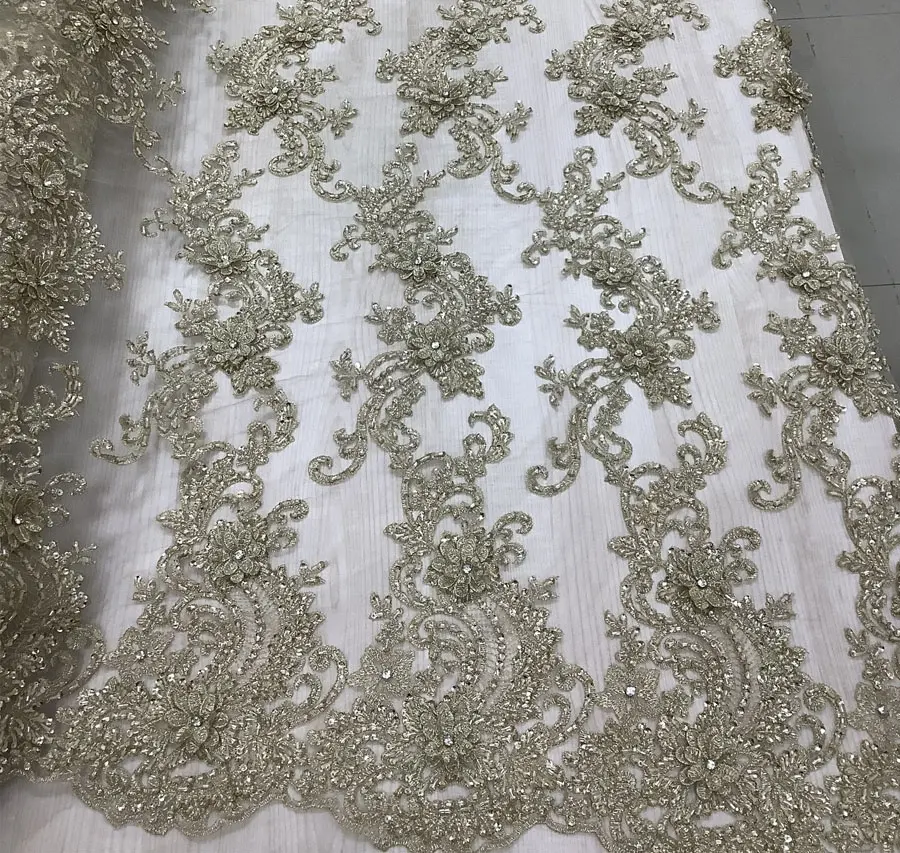 new design bridal 3d french lace fabric with heavy hand beaded rhinestones embroidery fabric for party or dresses