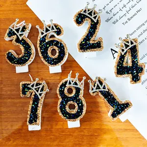 Produits les plus vendus 2023 bougies de numéro d'anniversaire à paillettes noires bougies bleues de numéro de couronne bougies d'anniversaire à paillettes