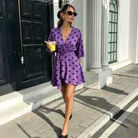 Robe d'été vintage pour femme 2026, style transfrontalier, à pois, jupe évasée, col en V, amincissante, taille haute, en polyester