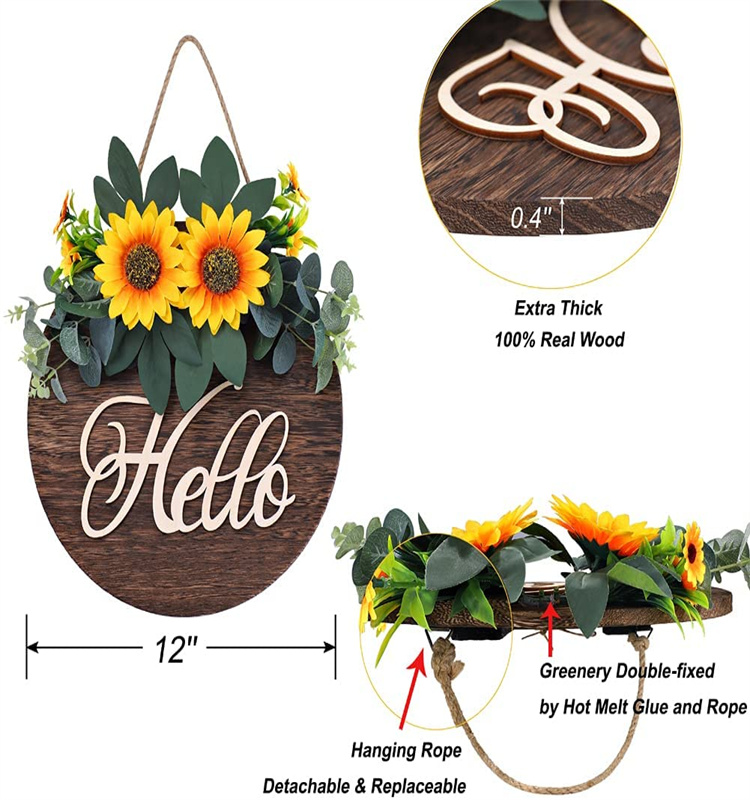 Wooden plaque Hello Sign Welcome Wreaths  with Flower for Front Door indoor  outdoor  decoration