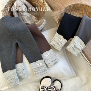 Tongxingyuan Girls Fleece Lined Thick Leggings Solid Color Knitted Autumn Winter Pants For Kids - Product Image 1