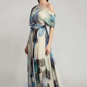 Off The Shoulder Chiffon Maxi <b>Dress</b> Blue Apricot <b>A</b> <b>Line</b> One Shoulder Print Long <b>Dress</b> Summer Resort Style - Product Image 1
