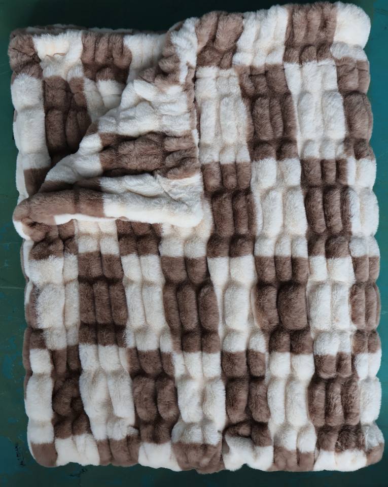 Tan White Checkerboard Stretchy Spandex Faux Rabbit Fur Blanket Thick ...