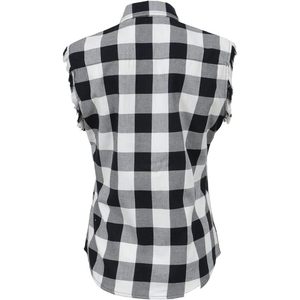 2025 cuir MNG21625 femmes sans manches flanelle vers le bas chemise bouton fermeture noir/blanc coupé volant bras trou extérieur hauts - Product Image 4