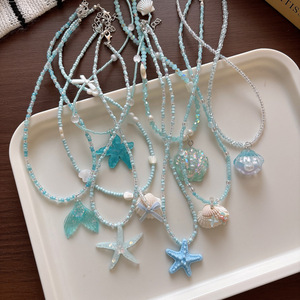 Versione coreana della collana da ragazza con perline blu in stile vacanza in spiaggia, collana dolce e fresca - Product Image 1