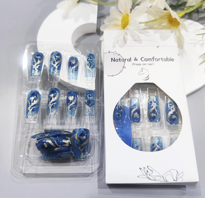 <span class=keywords><strong>Uñas</strong></span> Acrílicas al por Mayor, 24 Piezas, Marca Personalizada, <span class=keywords><strong>Azul</strong></span> Brillante Degradado, Largas, Cuadradas, Línea Dorada Curva, Cobertura Completa - Product Image 2