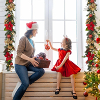 Guirlande de Noël pré-éclairée rouge et or avec poinsettias et pommes de pin, décoration festive pour cheminée/escalier