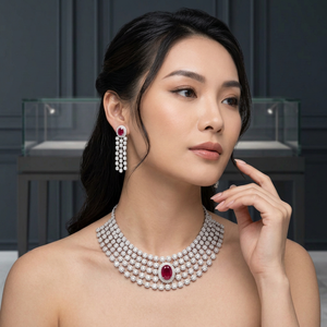 Elegant Brass <b>Silver</b> Plated CZ Cubic Zirconia <b>Choker</b> Necklace Dangle Earring Bridal Jewelry Set With Ruby Red Center Gem - Product Image 2