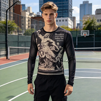 T-shirt à manches longues en maille pour homme, imprimé vintage, coupe ajustée, maille extensible transparente, haut streetwear, impression personnalisée