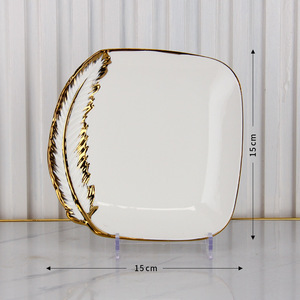 <span class=keywords><strong>Plato</strong></span> Cuadrado de <span class=keywords><strong>Porcelana</strong></span> Glam con Detalles de Plumas Doradas de Lujo, 6/7/8/9/10/12 Pulgadas, para Bodas, Despedidas de Soltera y Cenas - Product Image 2