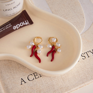 Red Chili Pearl Drop Earrings Stainless Steel Everyday Wear Jewelry for Women - Product Image 4