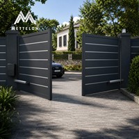Puerta de Entrada Automática de Aluminio de Lujo, Puerta Doble Abatible Eléctrica con Puerta Peatonal para Entrada de Jardín de Villa Moderna
