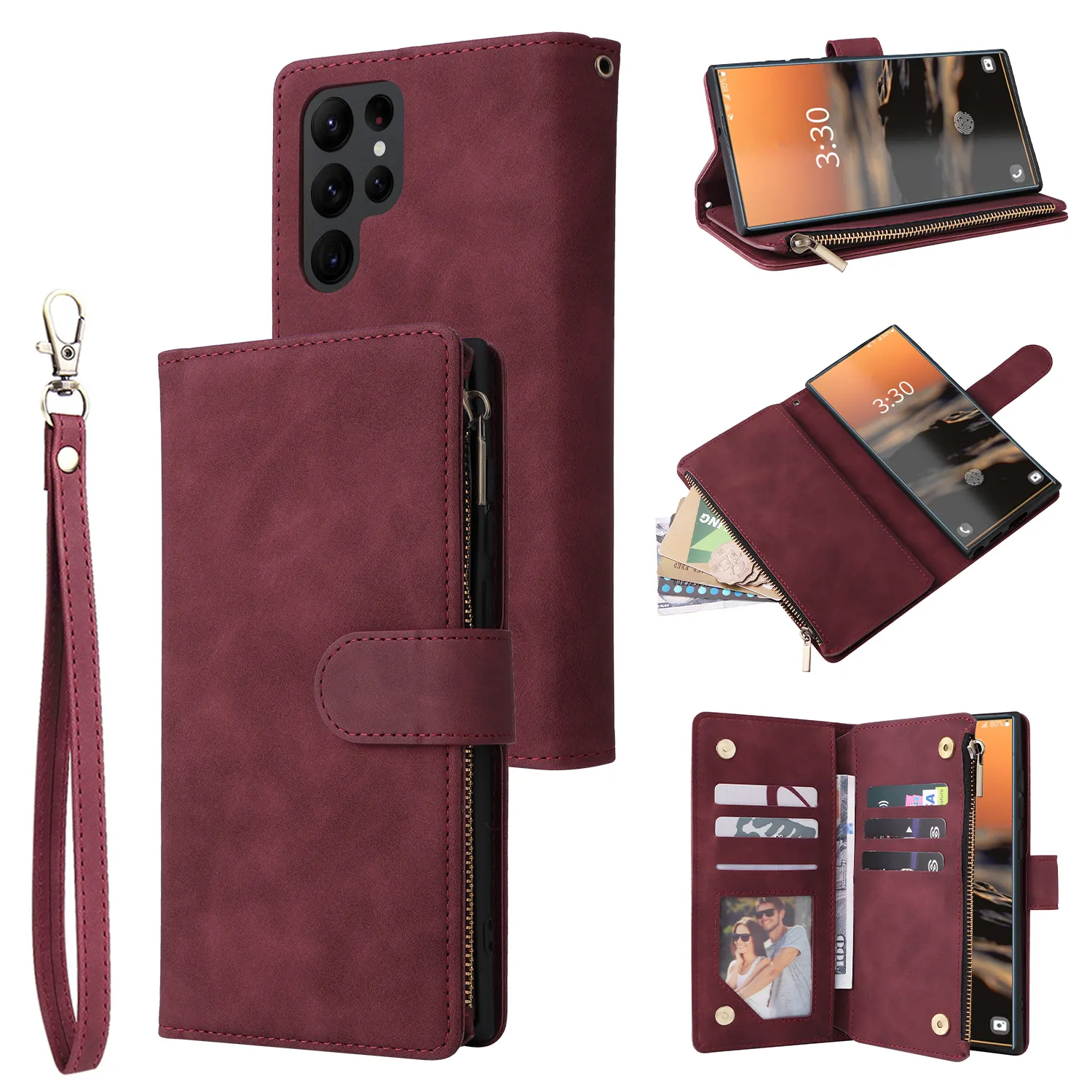 high quality zipper pu leather wallet case for samsung s23 ultra card slot kickstand case for Samsung s22 plus s21 s20 fe s10 s9