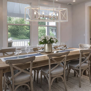 Lustre moderne de style farmhouse carré à 6 lumières linéaires E12 |   Luminaire suspendu blanc et nickel brossé pour îlot de cuisine et salle à manger - Product Image 1