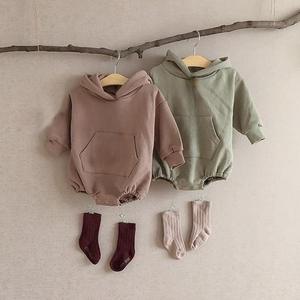 Hoodie bayi baru lahir musim gugur, Hoodie bayi perempuan dan laki-laki, warna Solid netral, baju monyet katun rajut lembut 2 potong - Product Image 5