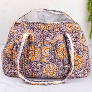 Block Printed Cotton Quilted Foldable Durable Sport Weekender Duffle Bag Zipper Large Capacity Portable Travel Bag for Women - Product Image 5