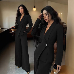 Completo Casual da <span class=keywords><strong>Donna</strong></span> Primaverile e Autunnale in Stile Europeo e Americano, Blazer Lungo con Scollo a V e <span class=keywords><strong>Pantaloni</strong></span> a Gamba Larga in Tinta Unita - Product Image 4