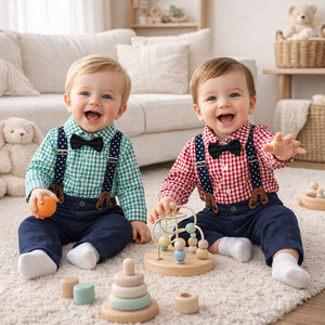 Set di <span class=keywords><strong>Abbigliamento</strong></span> per Neonato 0-24 Mesi, Completo a Quadri a Maniche Lunghe in Stile Inglese, Traspirante in Cotone, per Feste Autunnali - Product Image 1