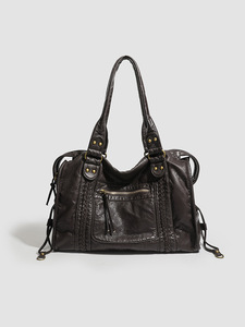 Cross-border Best-selling French-style Vintage Biker <b>Bag</b> <b>Soft</b> PU <b>Leather</b> Shoulder Crossbody Tote Large Women's <b>Bag</b> High Capacity - Product Image 6