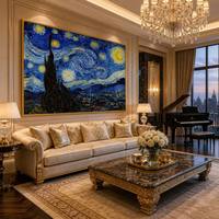 Décoration Murale en Aluminium Doré Mat, Tableau de Nuit Étoilée de Van Gogh, Grande Décoration Artistique Classique de Luxe pour la Maison