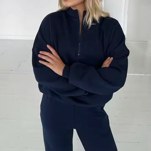 Ensemble de survêtement pour femme bleu clair, sweat à capuche demi-zippé et pantalon, couleur unie, décontracté, coupe ample, poches latérales, idéal pour l'automne - Product Image 2