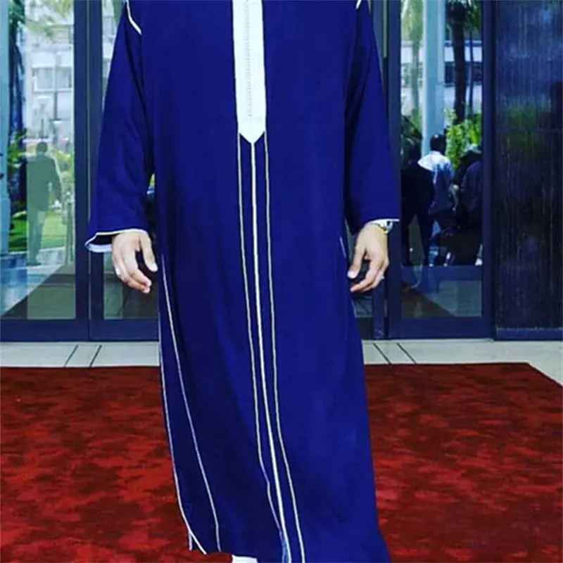 Middle East Modest Muslim Fashionable Casual Men's Robe Dark Blue Stand Collar Thobe