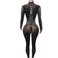 Combinaison longue à manches longues transparente pour femmes, tenue de danseuse, body moulant, combinaison une pièce, combinaison sexy en strass pour femmes