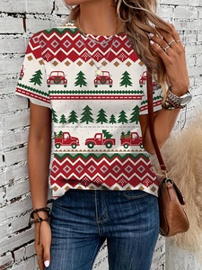 Christmas Truck and Tree Printed Short Sleeve Crewneck T-Shirt Knit Pattern Women's Casual Soft <strong>Festive</strong> Fashion Daily <strong>Top</strong> - Product Image 1