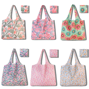 Impression personnalisée léger 190T polyester plié sac fourre-tout d'épicerie imprimé floral extensible sac à provisions pliant - Product Image 1
