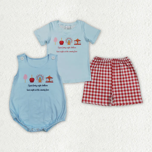 Conjunto de Camisa Azul de Manga Corta y Pantalones Cortos a Cuadros Rojos para Bebés y Niños - Product Image 1