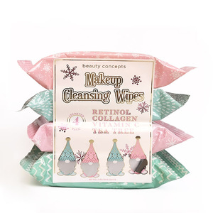 Nettoyage de Noël <span class=keywords><strong>lingettes</strong></span> humides démaquillant pour le visage pour paupière étiquette d'emballage personnalisée jetable OEM adultes nettoyage du visage doux - Product Image 1