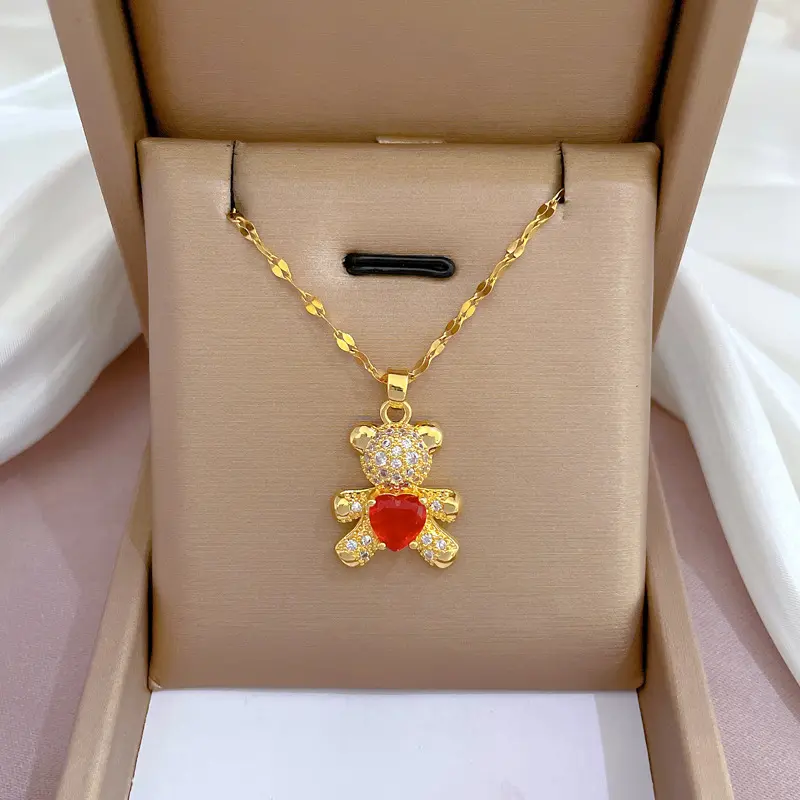 Kalung beruang Teddy hati mode perhiasan kalung liontin beruang Teddy Gummy Zircon kuningan berlapis emas