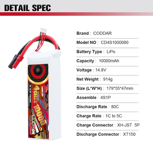 CODDAR <span class=keywords><strong>10000MAH</strong></span> <span class=keywords><strong>4S</strong></span> 14.8V 80C XT150 플러그 RC 대형 드론 농업 쿼드콥터 경주 자동차 트럭 버기 FPV 드론 <span class=keywords><strong>LiPo</strong></span> 배터리 - Product Image 4